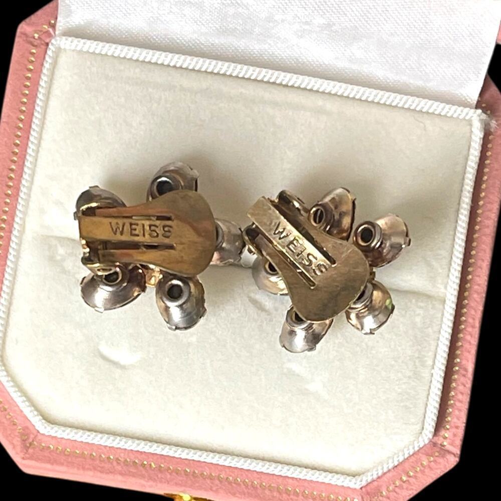 Vintage Weiss Flower Earrings Prong Set AB Crystal Clip On Aurora Borealis - Picture 3 of 13